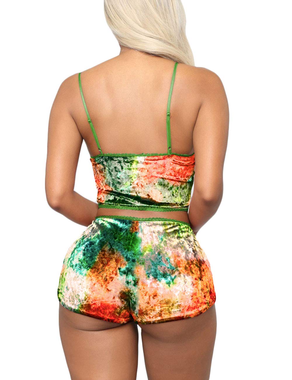 Angsuttc Women's Velvet 2 Piece Outfit Spaghetti Strap Crop Top Shorts Pajamas Set Sleepwear Nightwear: Large S3784#orange&green&white