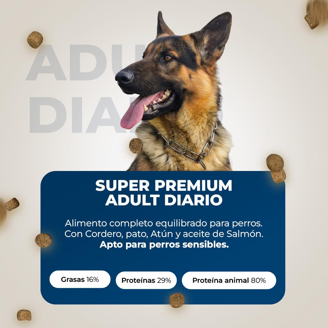 Pienso Natural para Perros Adultos - Comida Completa y Equilibrada con Cordero, Pato y Atún - 15kg Lobo Azul Adult Diario