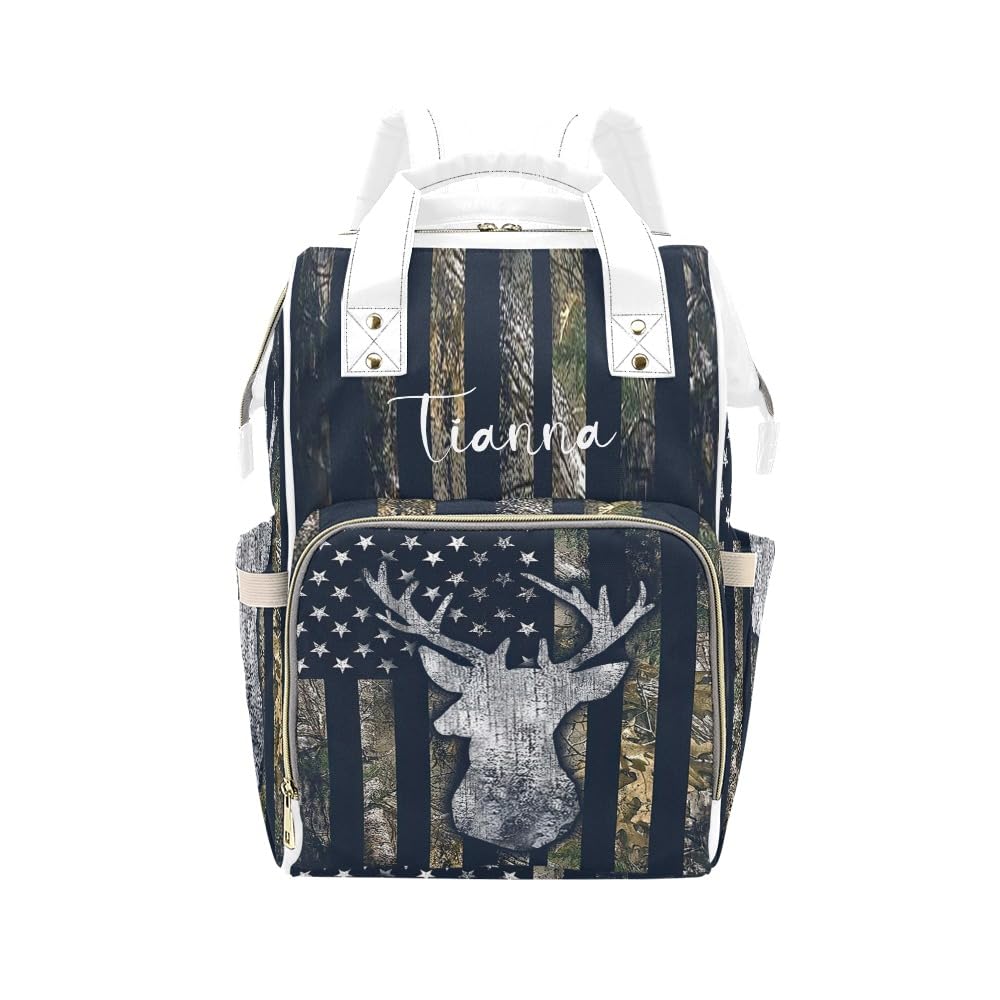 American Flag Camo Deer Diaper Bags with Name Waterproof Mummy Backpack Nappy Nursing Baby Bags Gifts Tote Bag for Women One Size