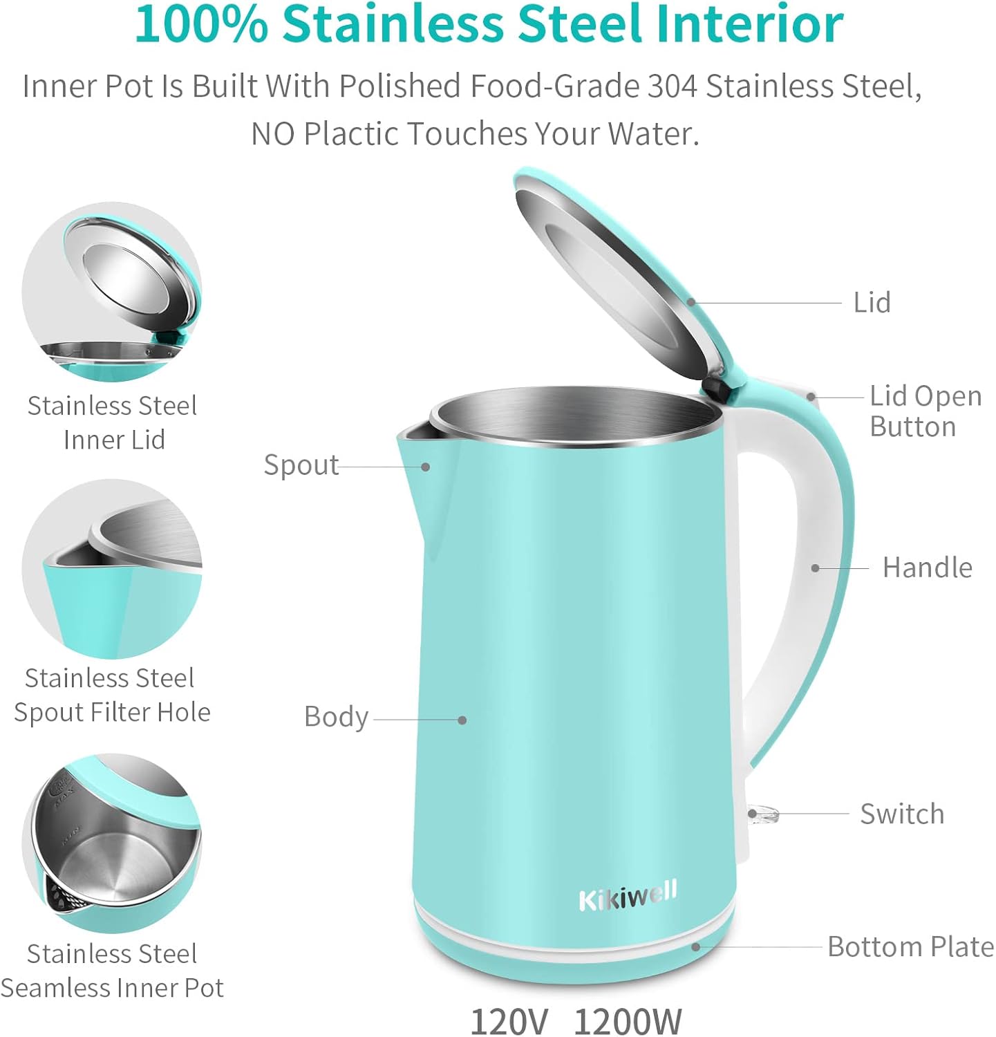 Electric Kettle Stainless Steel for Boiling Water, Double Wall Hot Water Boiler Heater, Cool Touch Electric Teapot, Auto Shut-Off & Boil-Dry Protection, 120V/1200W, 1.8Liter, 2 Year Warranty(Sky Blue)