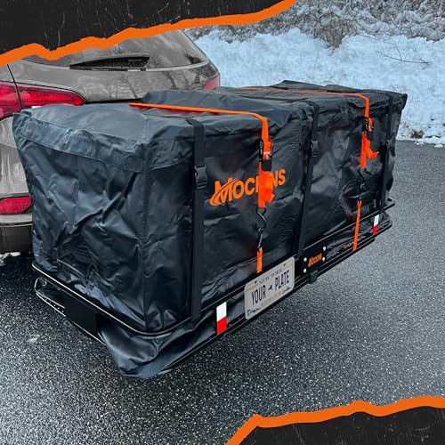 Mockins XXL 70\"x30\"x6\" Folding Trailer Hitch Cargo Carrier | 500 Lbs. Cap Cargo Hitch Carrier Rack | Weatherproof Steel Luggage Rack for SUV, Car & Truck w/License Plate Holder, Stabilizer, & Straps