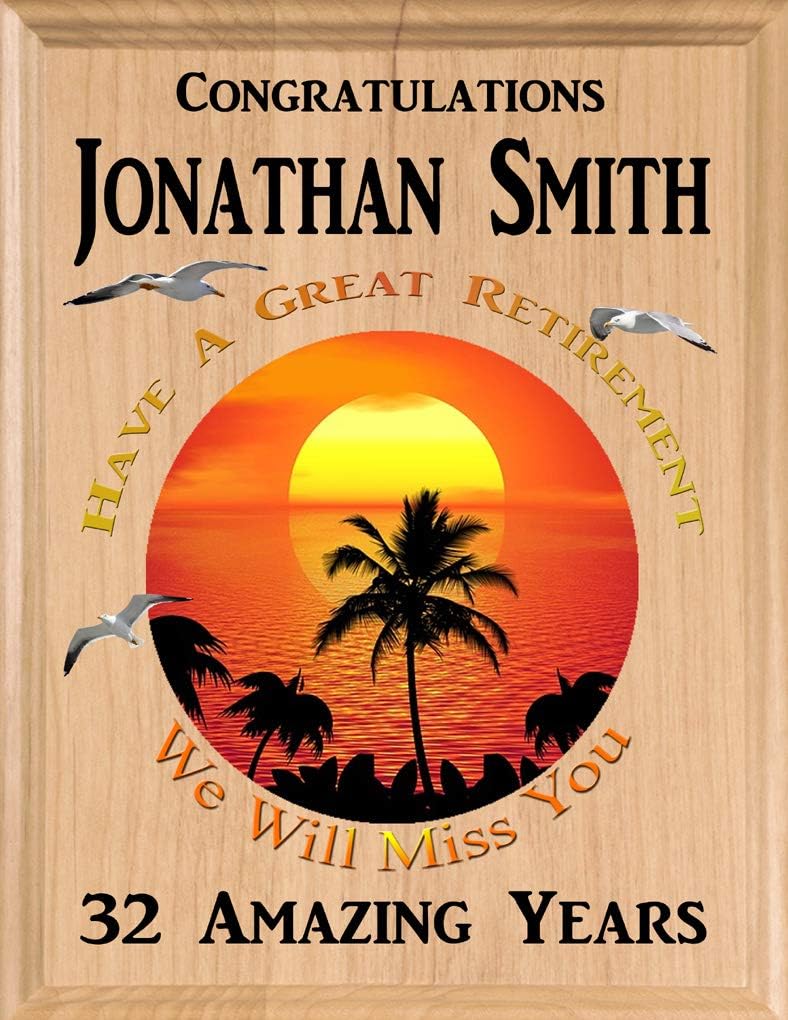 Personalized Retirement Plaque – Tropical Sunset Edition – Custom Name & Years – Solid Wood Keepsake – 11" x 8.5" – Made in USA (Wood Tropical Retirement Plaque 11in x 8.5in)
