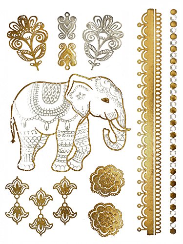 Terra Tattoos Gold Metallic Henna Temporary Tattoos – 75+ Designs Elephants, Flowers, Evil Eye & More! Waterproof Nontoxic Long Lasting Perfect For Beach, Festivals, & Parties #TOP6