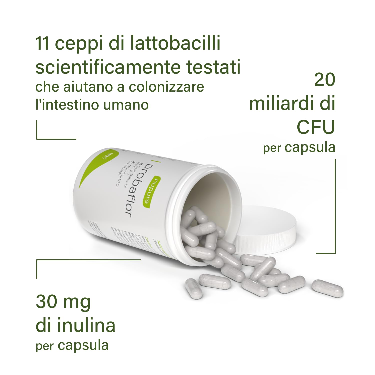 Nupure® Probaflor 110 capsule, con 20 miliardi di CFU, 11 ceppi batterici speciali, Con inulina e Lactobacillus salivarius SP2, Più protetto grazie allo speciale stagno, Vegano