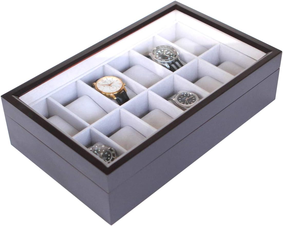CASE ELEGANCE Solid Espresso Wood Watch Box Organizer with