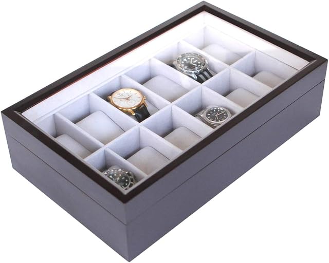 CASE ELEGANCE Solid Espresso 12 Slot Wood Watch Box Organizer with Glass Display Top