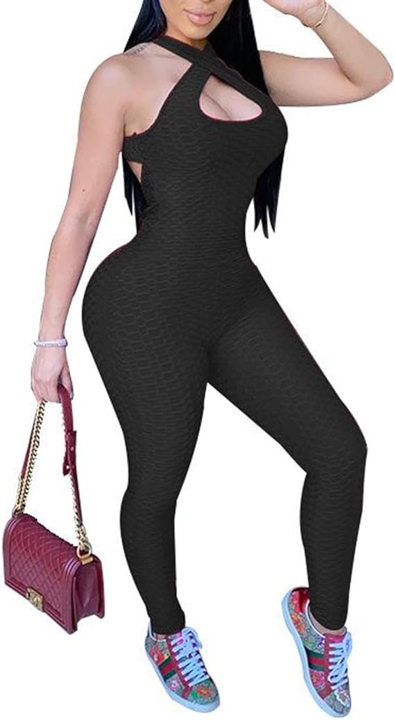 Women Solid Color Clothes OnePiece Tight Jumpsuit, Sleeveless Low Neck