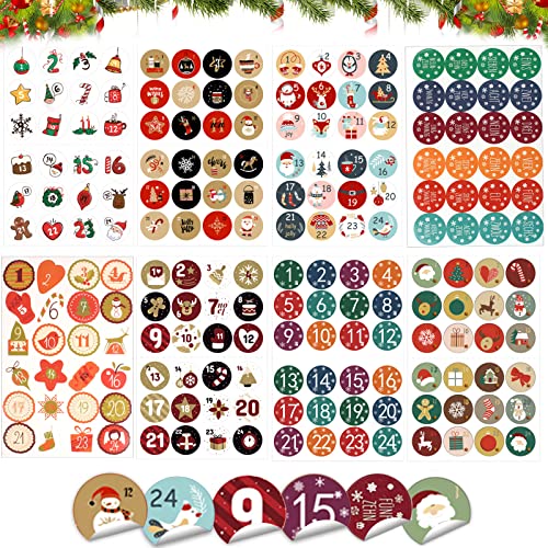 Noël Calendrier de l'Avent Autocollants, 8 x 24 Autocollants de Calendrier de l'Avent de Noël, Autocollant Calendrier de l'Avent, Chiffres pour Calendrier De l'Avent pour DIY Calendrier de l'avent Cover
