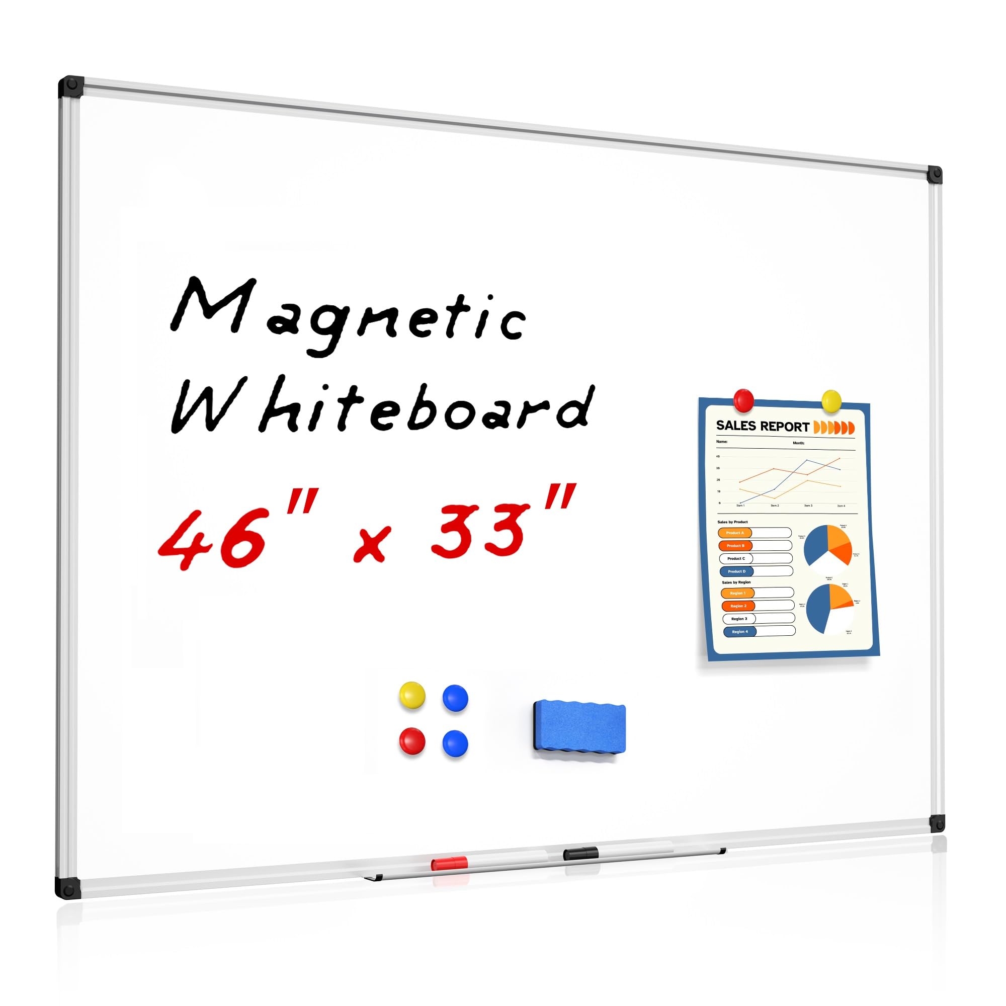 Magnetic Dry Erase White Board - 46 x 33 Inch Whiteboard for Wall - 4 x 3 Large Wall-Mounted Board with Silver Aluminum Frame, 1 Magnetic Eraser, 2 Pens, 1 Detachable Marker Tray, 6 Magnets