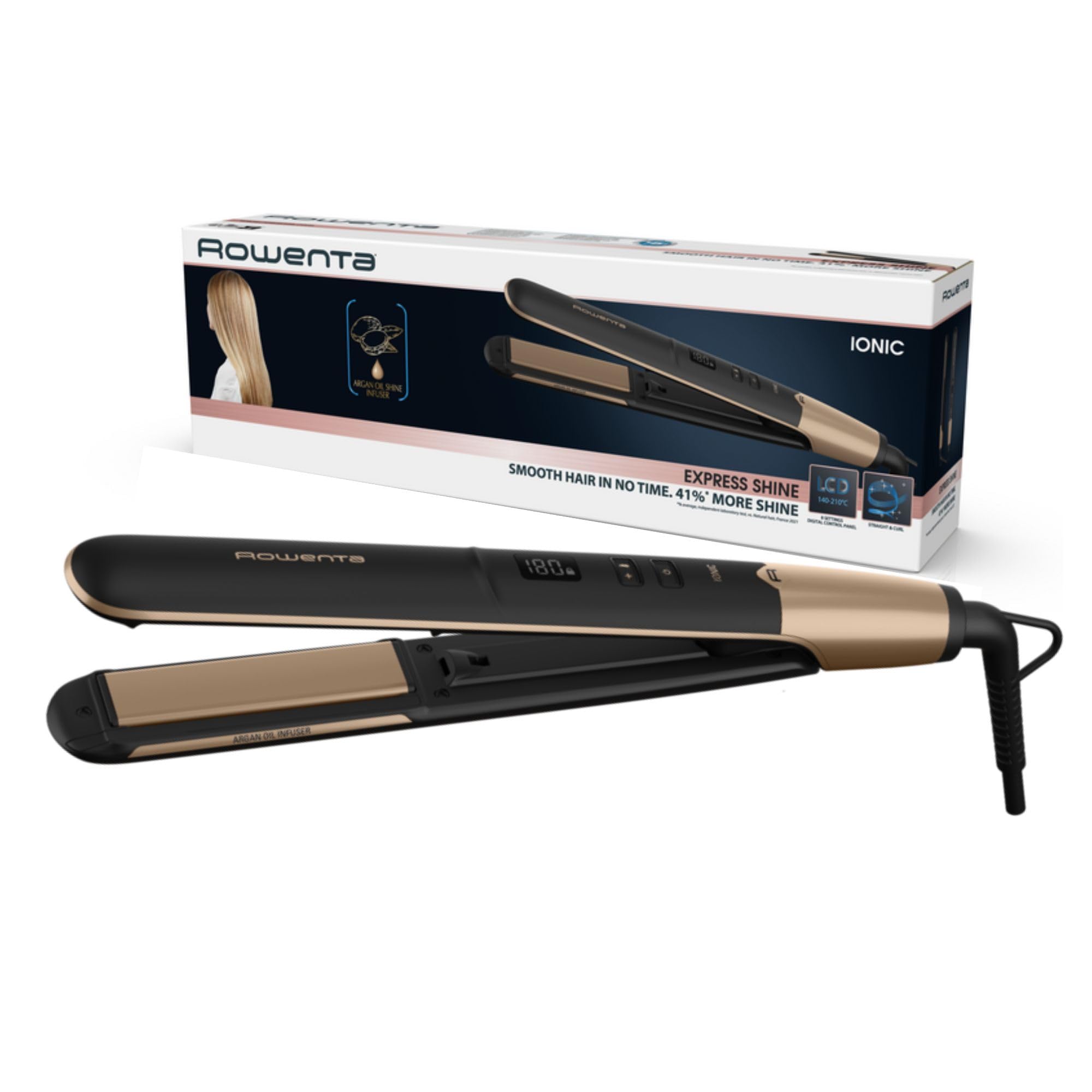 Rowenta Express Shine Aceite Argán SF4630 - Plancha pelo con revestimiento cerámico, 8 temperaturas, rendimiento alisado eficiente, placas extralargas, calentamiento rápido, sistema de bloqueo