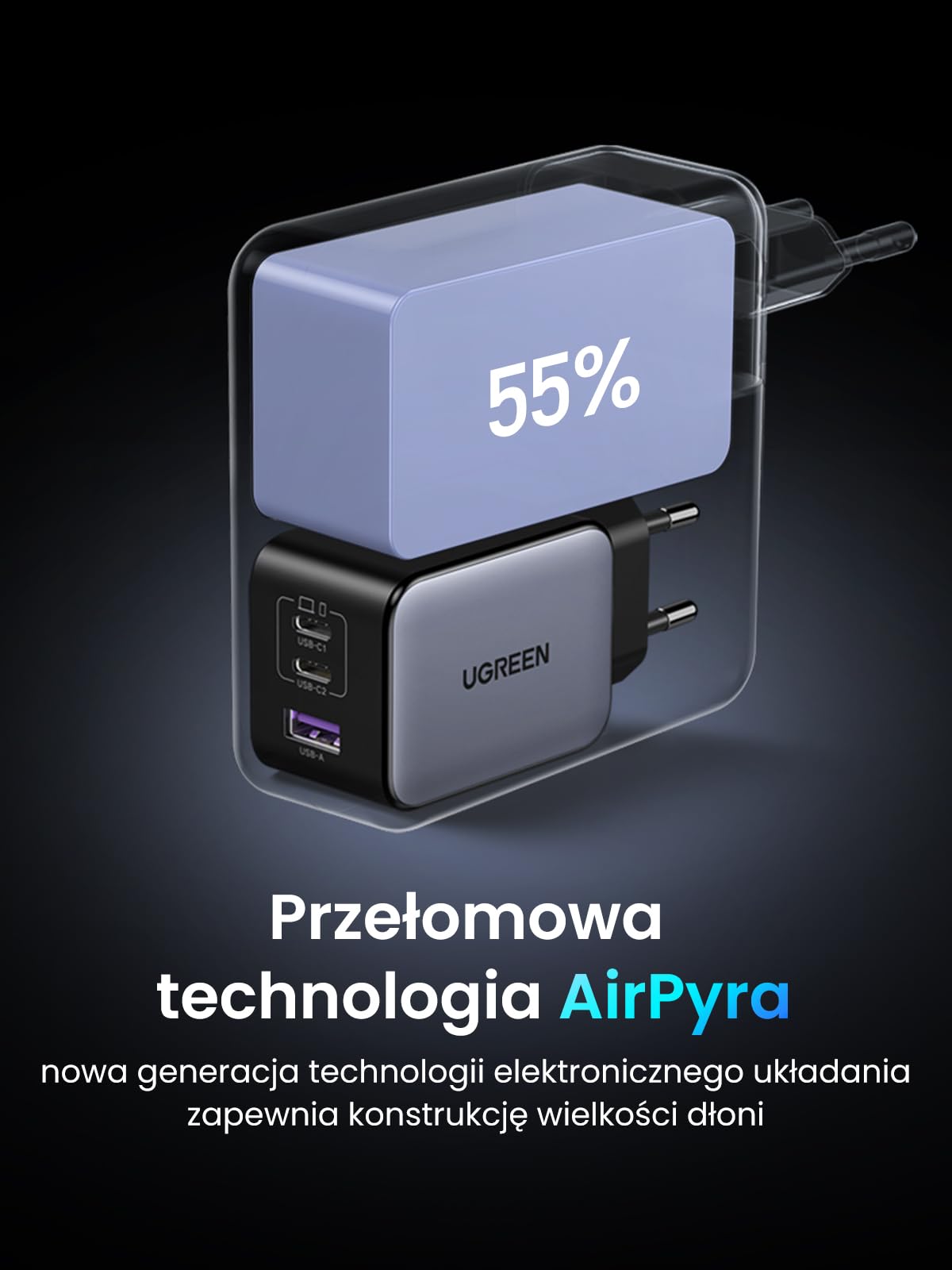 UGREEN Nexode Miniładowarka USB-C 65 W z 3 portami, szybka ładowarka | Zasilacz GaN, ładowarka przenośna, kompatybilna z MacBookiem Air M5, Neo, iPhone'em serii 17-8, Galaxy S-A