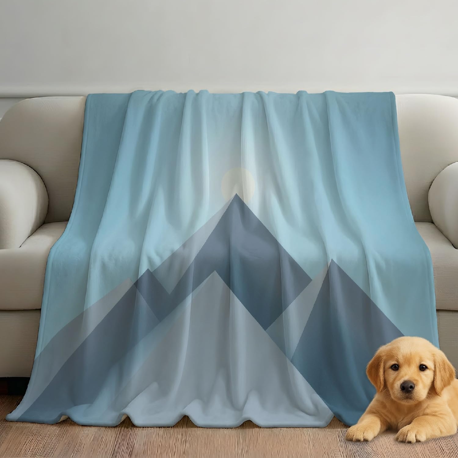 Couverture Chaude 220 x 240 cm avec Motif Géométrique, Moelleuse Bleu Glacé Couverture Polaire pour Enfants Garçons Filles, Moderne Montagne Bleue Serein Plaid en Flanelle Décorative 4 Saisons