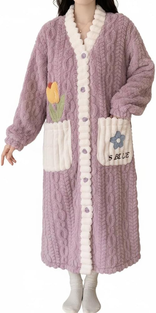 Button Robes for Women Plush Long Bathrobes Cute V Neck Robe With Pockets Nightgown