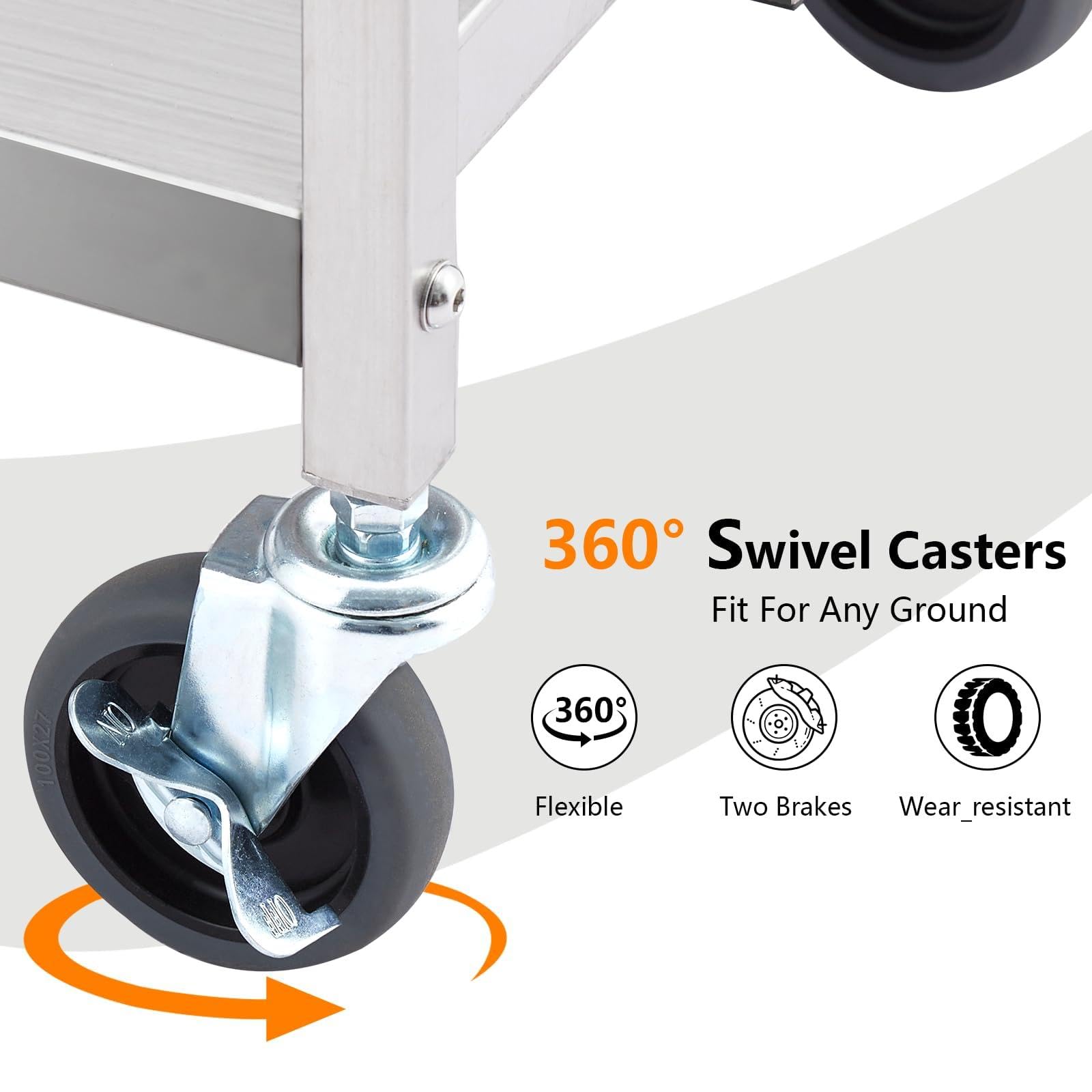 Garvee Carro Plegable de Acero Inoxidable 3 Niveles, Carrito Multiusos con Ruedas con Freno, Carro de Servicio Compacto para Cocina, Almacén, Oficina y Restaurante