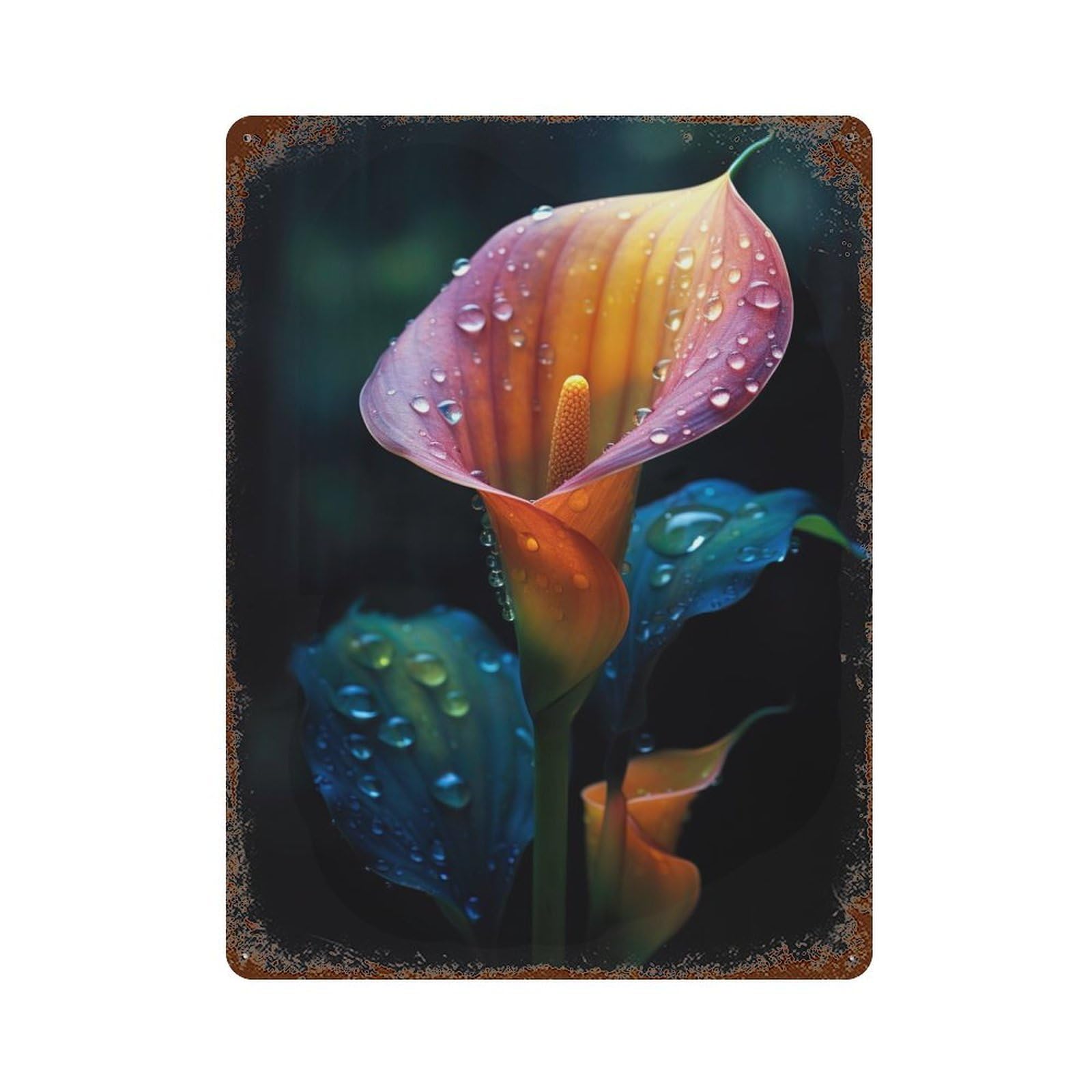 Rusty Metal Tin Sign with Rainy Calla Flower Design 15.7"x11.8", for Farmhouse, Kitchen And Entryway Decor, Rustic Home Decor