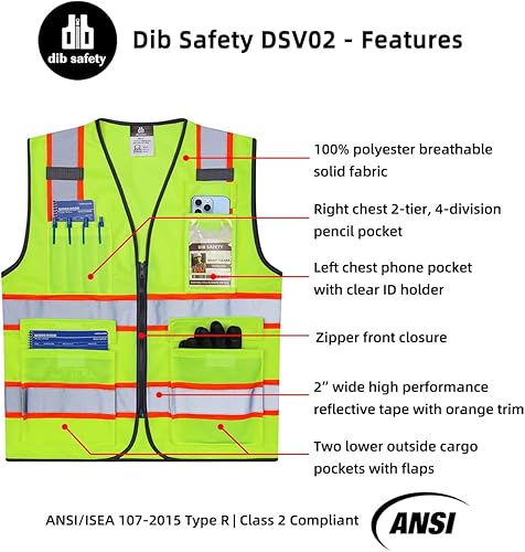 Miniatura 5 de Chaleco reflectante de alta visibilidad en dos tonos con bolsillos y cremallera, cumple con ANSI Clase 2, amarillo con ribete naranja, XL