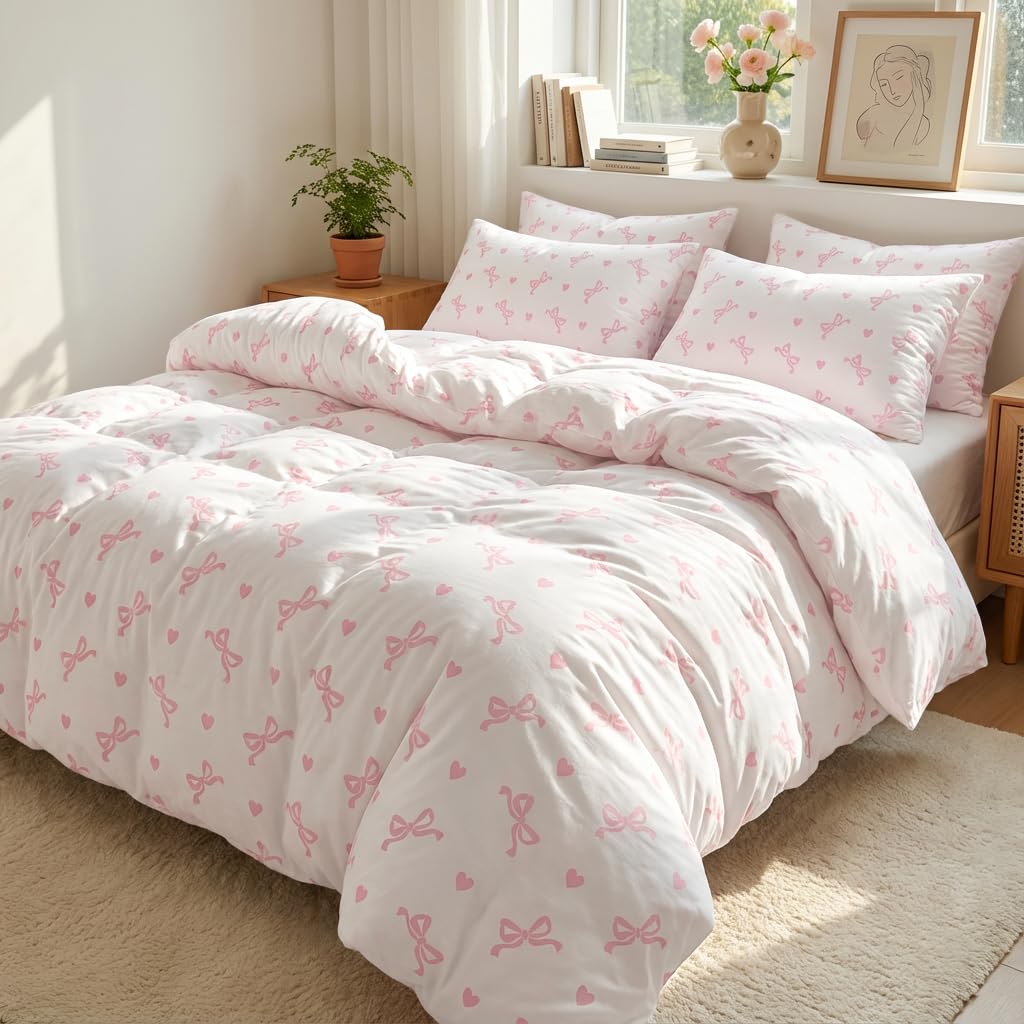 Covebett Bettwäsche Schleifen Mädchen Bettbezu Aesthetic Weich Microfaser Deckenbezug mit Reißverschluss und Kissenbezug