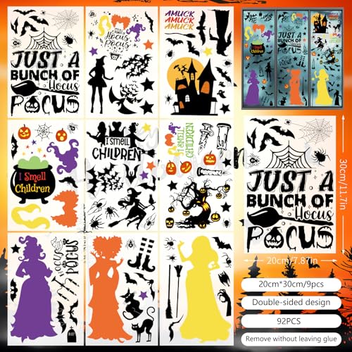 Image of 92Pcs Halloween Window Clings - Hocus Pocus Window Clings,I Smell Children Witch Clings for Glass Windows,Reusable Double Sided Static Window Stickers for Halloween Decorations(9 Sheets)