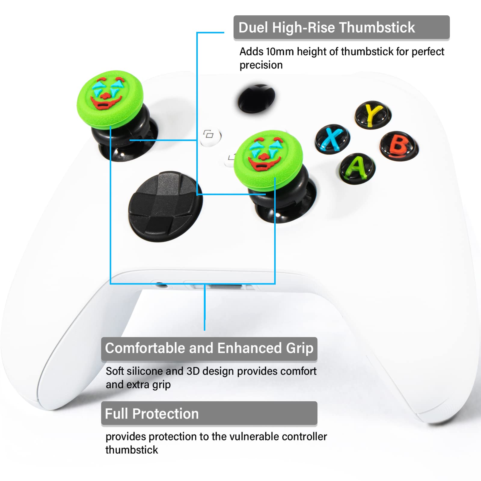 FPS Thumbstick Grip Agarres Pulgar Extensor x 2 Y Silicona Apretón Cubrir Grip x 4 para Xbox Series X/S & Xbox One Mando (Joker Verde Negro)