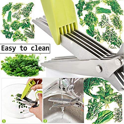 Herb Scissors Stripper Set,Multipurpose 5 Stainless Steel Blades,Safety Cover,Cleaning Comb,Herb Stripping Tool,4Pcs Green Kitchen Cutting Shear Set For Chopping Basil Chive Parsley #TOP3