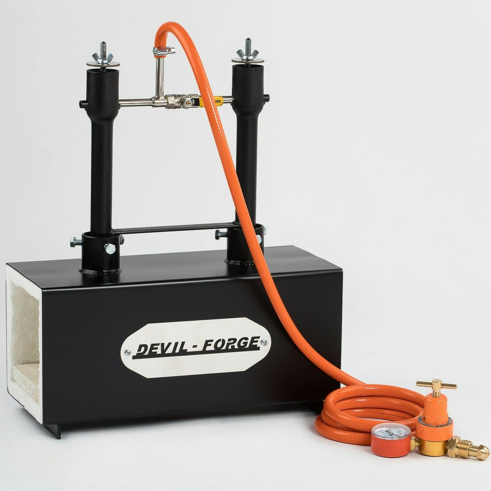 DEVIL-FORGE Fragua de gas DFPROF2b Horno de Forja, 2 Quemadores DFP (160.000 BTU) usas 1 o 2, Válvula de bola de gas, Estrangulador de aire, Fabricación de cuchillos, Herrero, Herrador, 1370°C