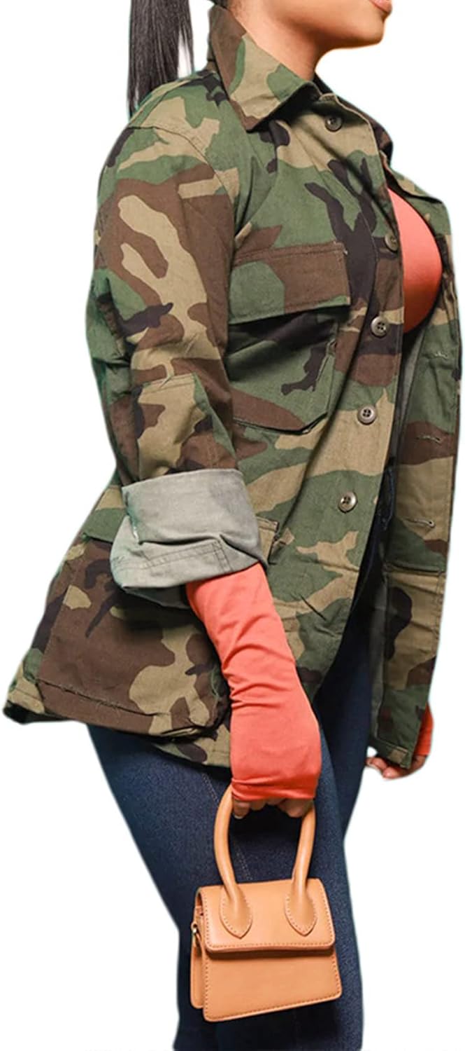 Voghtic Women Casual Camo Jacket Army Military BF Overcoat Long Sleeve Open Front Blazer with Pockets - Image 5