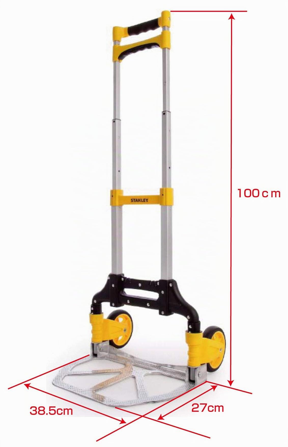 Chariot de manutention alu, Pliable, Base Aluminium 39x28CM, capacité 60 kg. Dimensions Ouvert : 40x41x99 cm, plié : 38,5x5,6x63,5 cm. Roues 12,7x4 cm Caoutchouc. Poids 3,08 kg