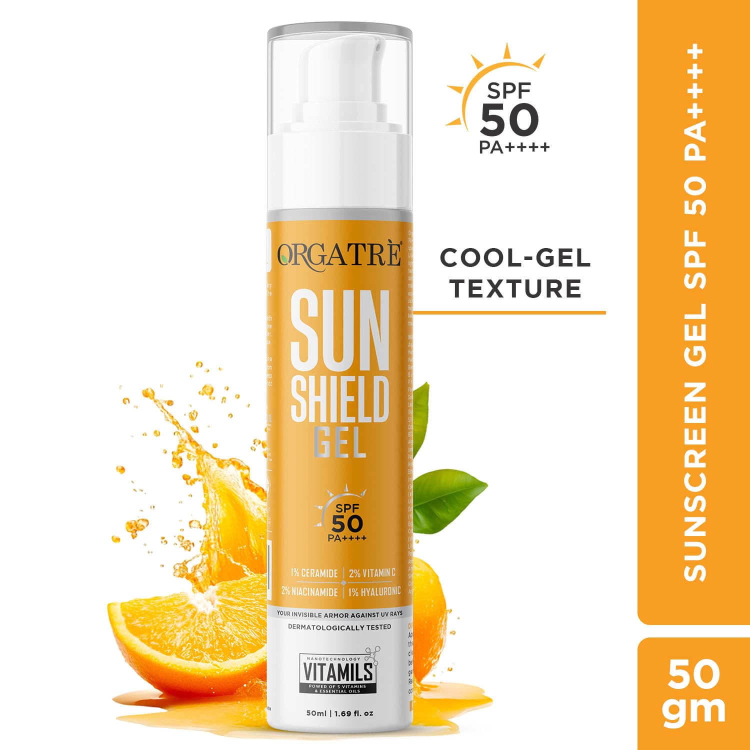 ORGATRE Sun Shield SPF 50 PA++++ Sunscreen for Women & Girls, Vitamin C, Niacinamide & Hyaluronic Acid, Non-Greasy, No White Cast, Water Resistant, Face Cream for Glowing Skin & Acne Prone Skin 50gm - Image 9 thumbnail