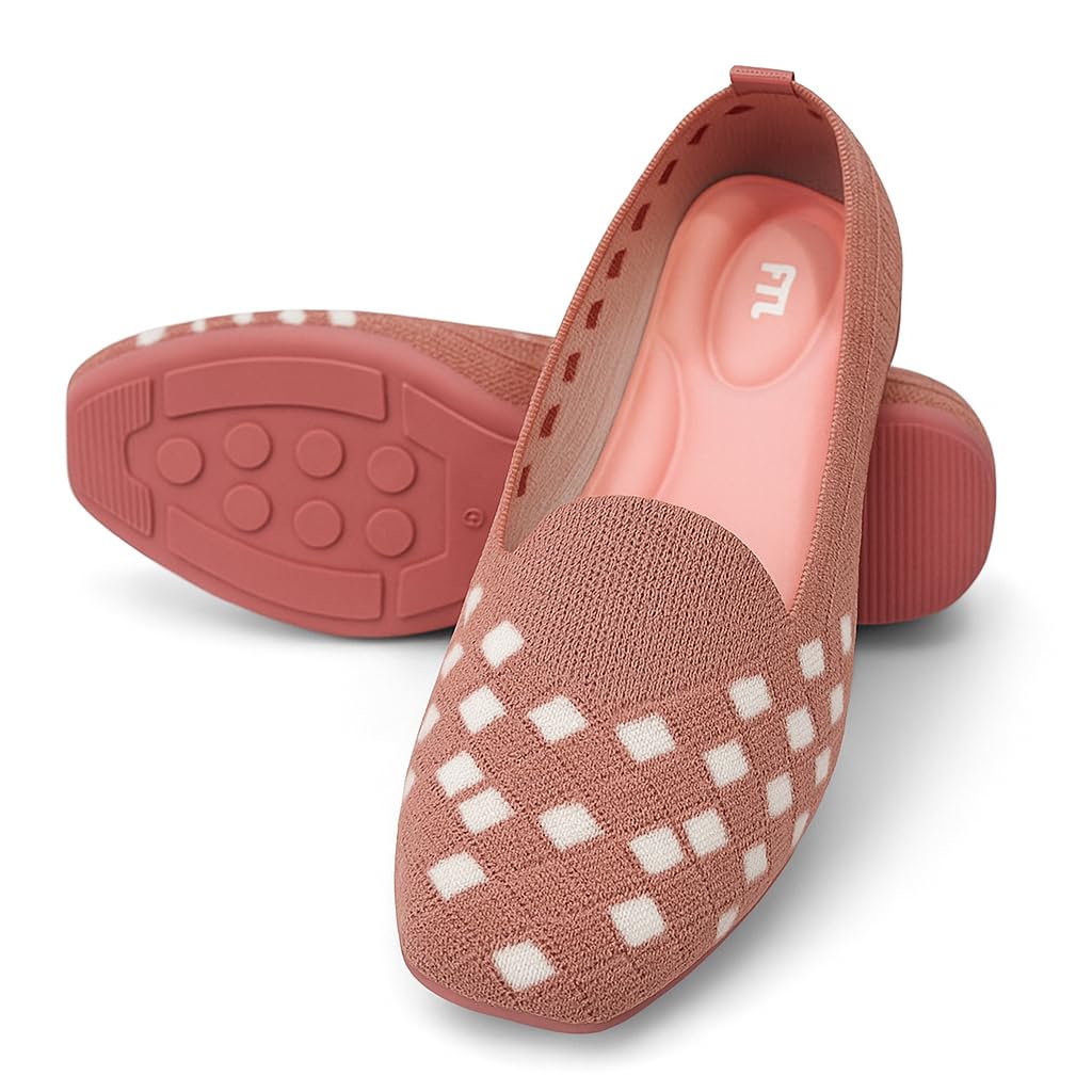 feetlex Women's Knitted Slip-On Belly Shoes, Pattern Design, Peach and White-picture-13
