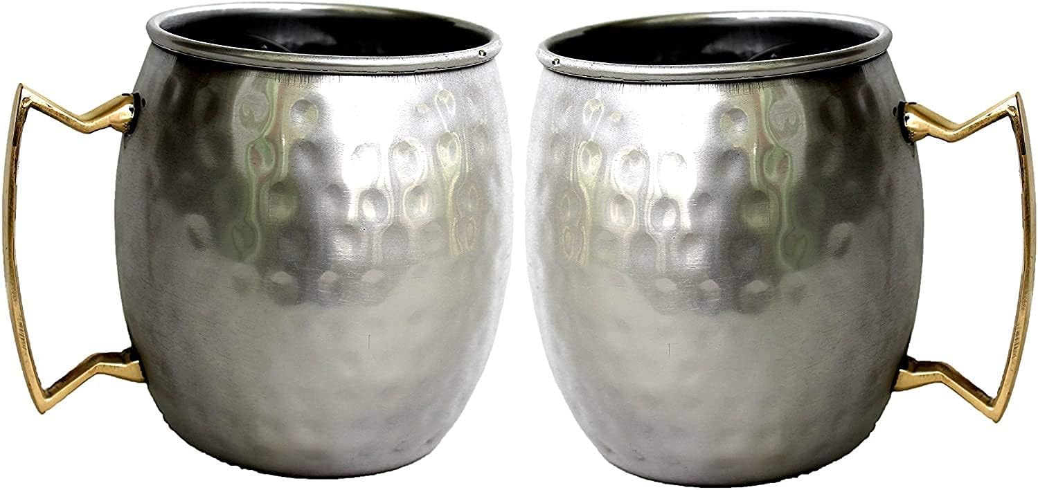 PARIJAT HANDICRAFT Set of 4 Stainless Steel Moscow Mule Mugs Capacity 16 Ounce Insulated brass handle Coffee Mug Beer Mug Cup Moscow Mule Mugs (Brass-Handle)