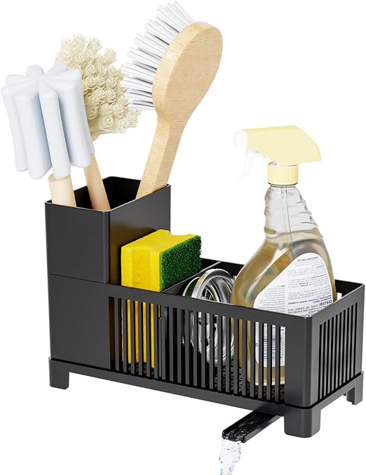 Sink Caddy & Kitchen Sink Organizer,Black Sponge Holder with High Scrub Brush Holder,Plastic Kitchen Countertop Organizer,Multipurpose Sponge Drain Rack,Dish Soap,Dish Sponge Holder,Soap Dispenser,1Pc