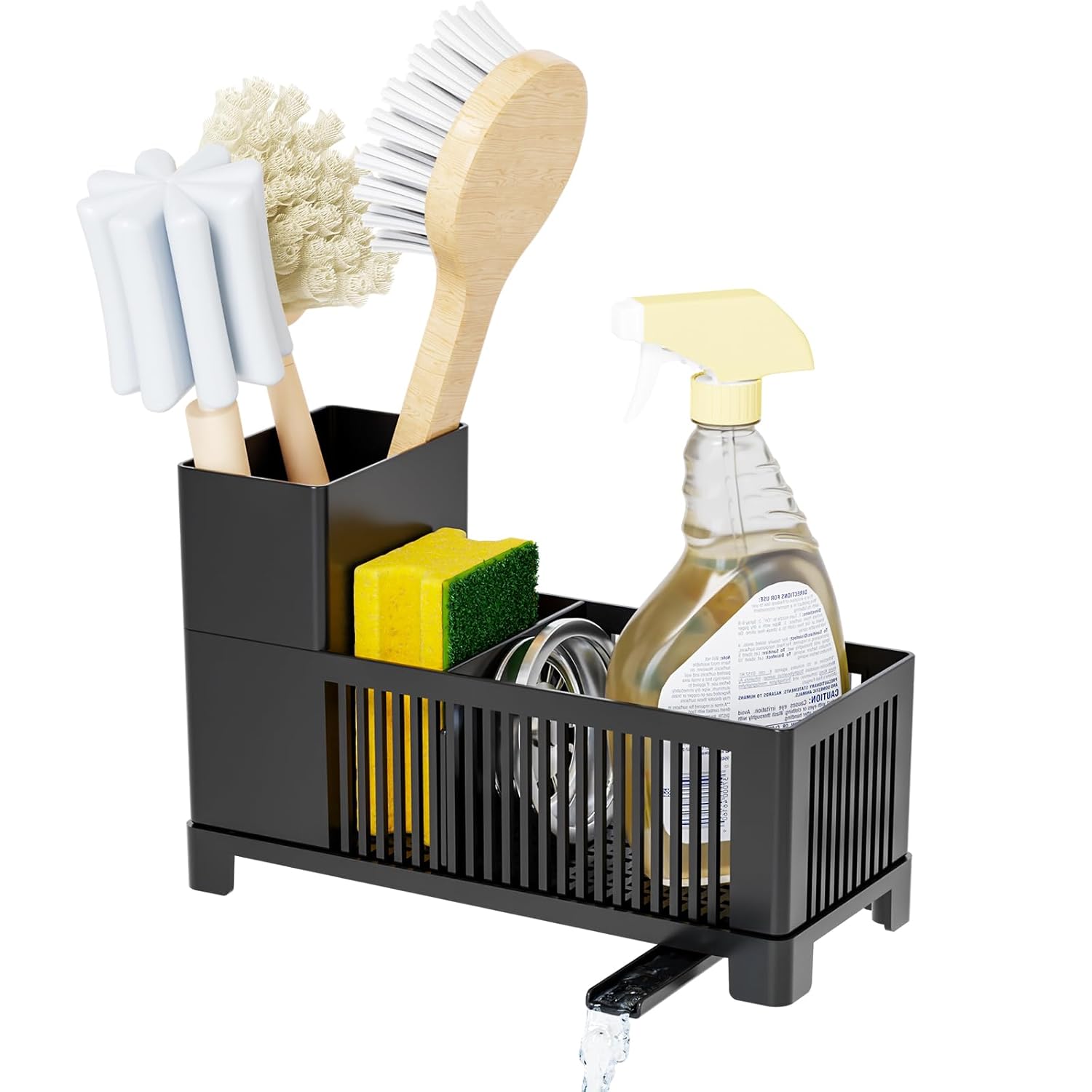 Sink Caddy Kitchen Sink Organizer Black Sponge Holder with High Scrub Brush Holder Plastic Kitchen Countertop Organizer Multifunctional