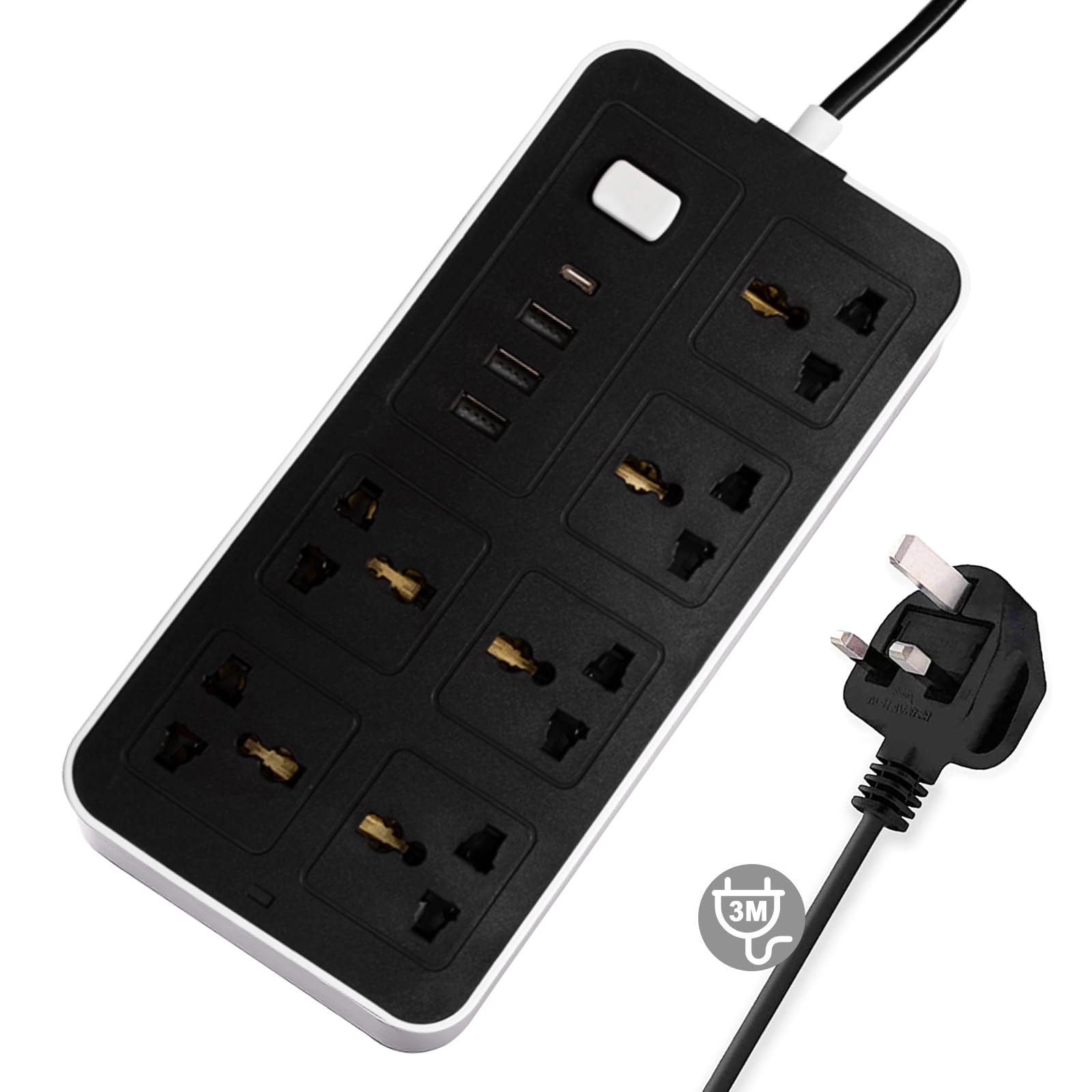 Universal Power Cord Expansion Lead Socket, Necomi Wall Plug Adapter,with (2.1A)3 x USB, 1 x Type C and 6 Group Smart Power Outlets, Surge Protection UK Plug Power Cord for Home Office (3M/Black)