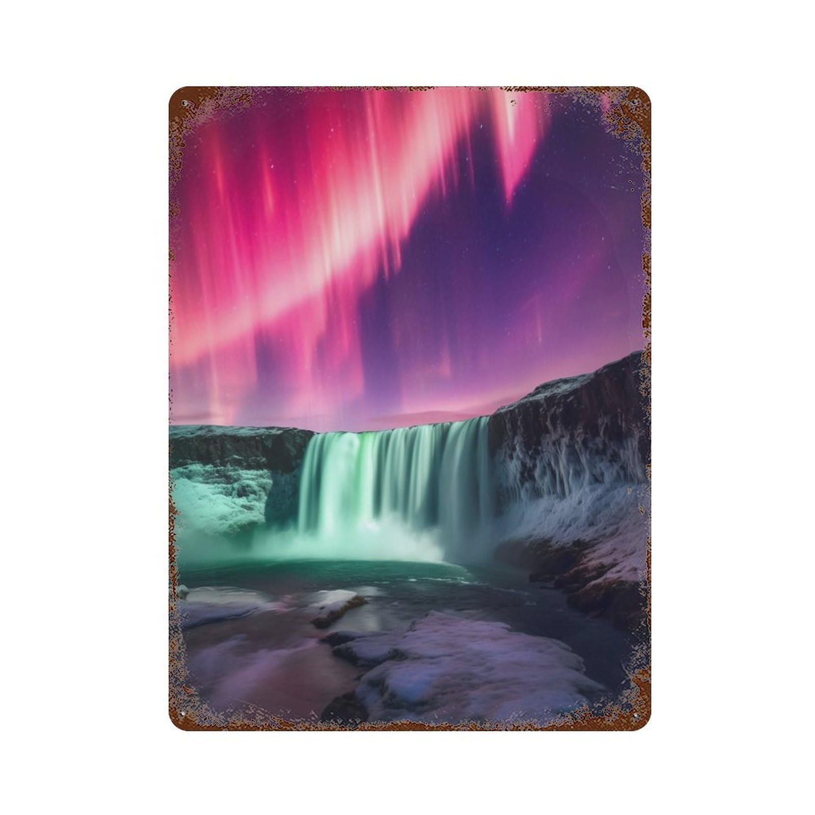 Vintage Rust Metal Sign with Northern Lights Waterfall Design 15.7"x11.8", for Garage, Bar And Workshop Decor, Retro Wall Decor