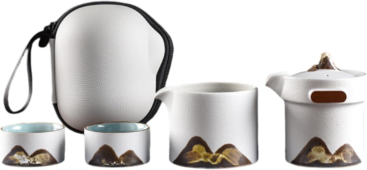 日式釉彩绘远山便携旅行茶具复古粗陶杯 Ceramic Kung Fu Tea Set,teapot,Teacups,warming Wedding Birthday Gift,Tea Tray Chinese,Dishwasher Safe 远山清风旅行茶具-雅白【4件套】 一壶二杯+公道杯