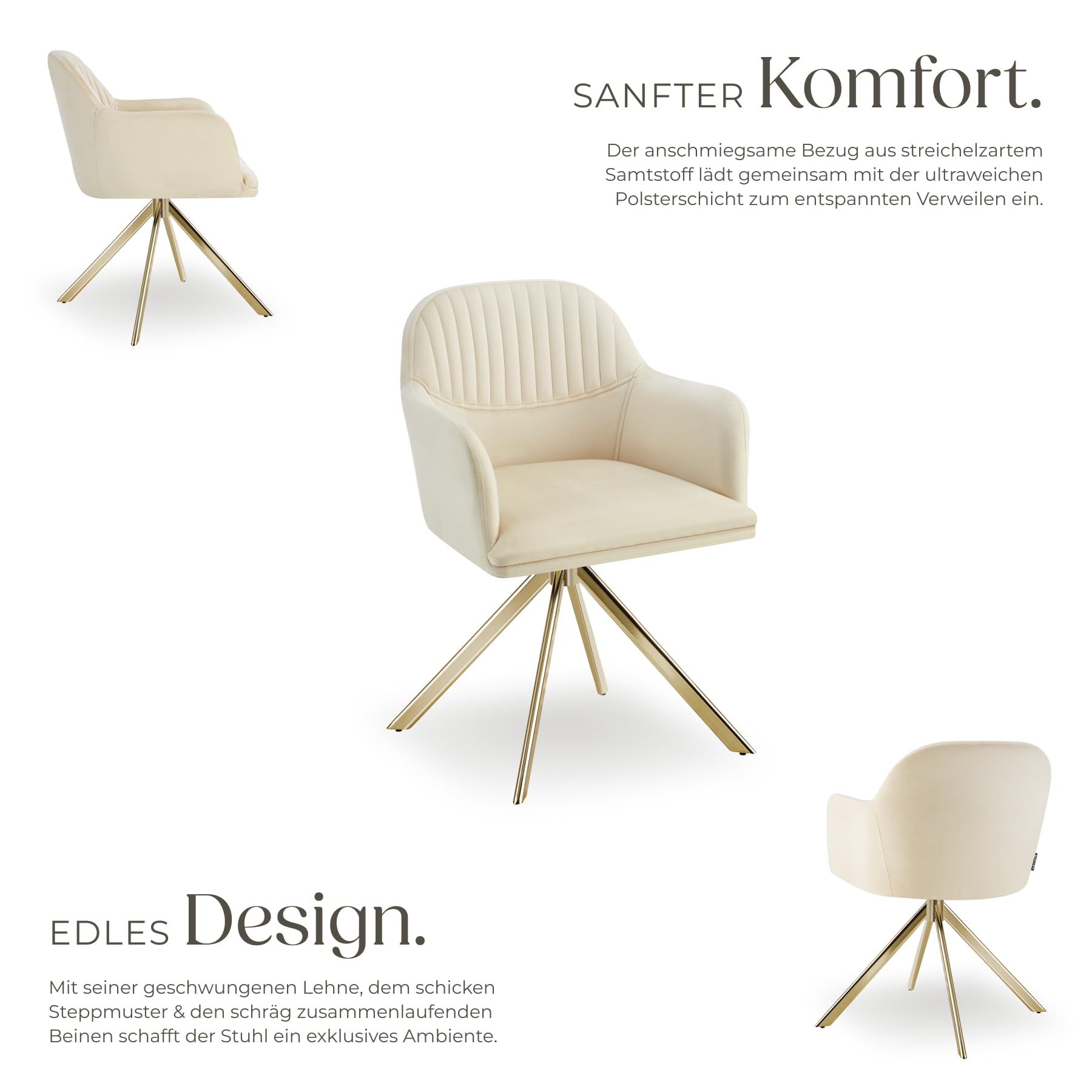 tectake® Esszimmerstuhl drehbar, Armlehnstuhl drehbar, ergonomischer Stuhl Samt, Stühle für Esszimmer, Möbel für Wohnzimmer, Arbeitszimmer, Esstisch, Schminktisch - 2er Set - Creme/Gold