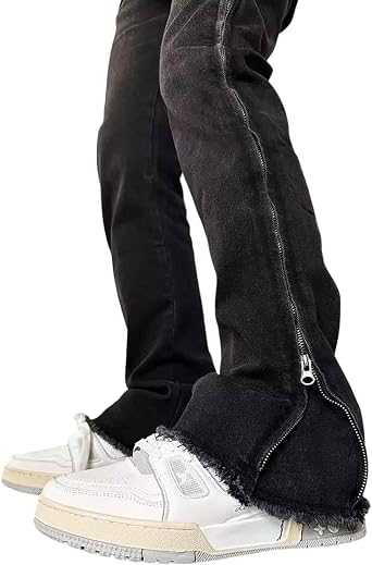 BXCNCKD Gothic Pants, high Street Ruffled Jeans, Mens American Black Slim fit, Retro Micro Flared Pants Y2K