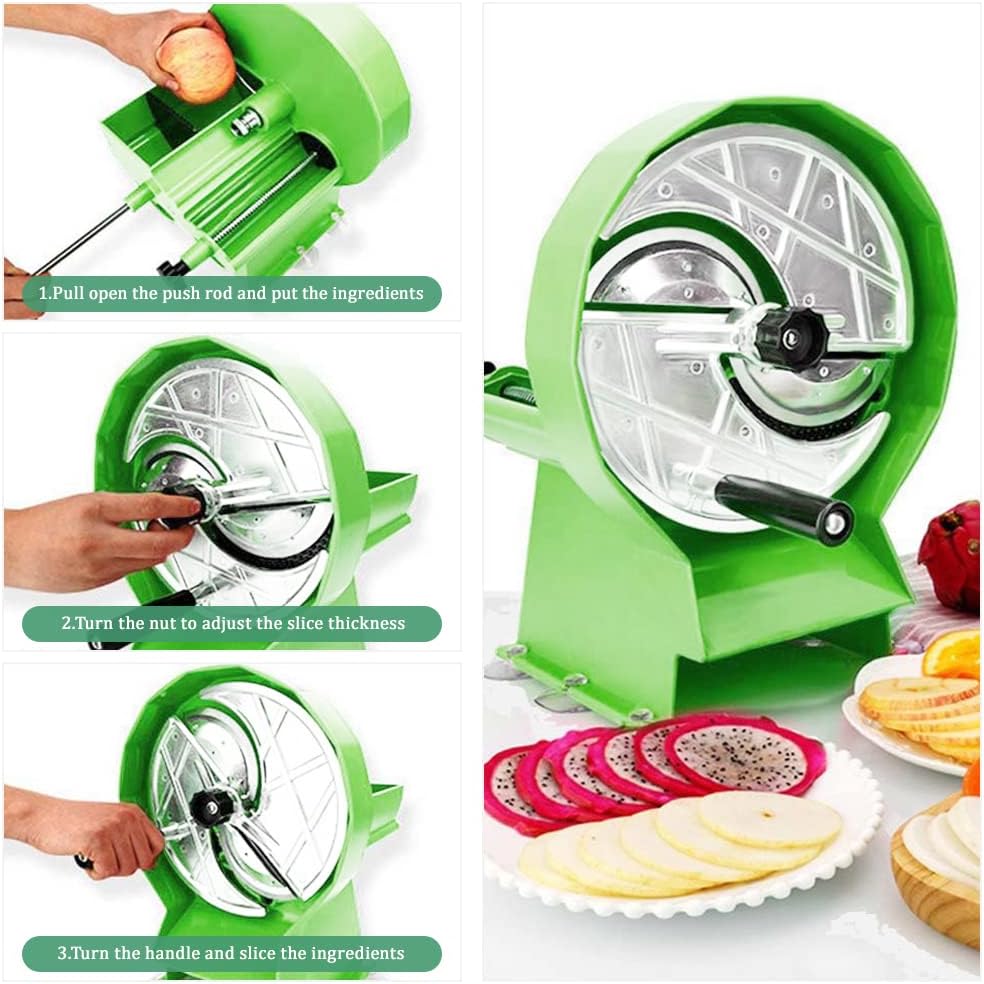 YUEWO Commercial Manual Vegetable Fruit Slicer Shredder Kitchen Cutter Machine Adjustable Thickness 0.8-8mm Stainless Steel Blade for Slicing Potatoes Lemon Tomatoes (Green)