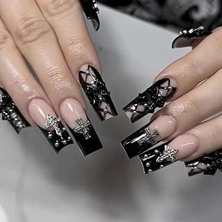 MISUD Press on Nails - Long Square Fake Nails with Goth Black, Acrylic Gothic Cross Bow Design 24 pcs
