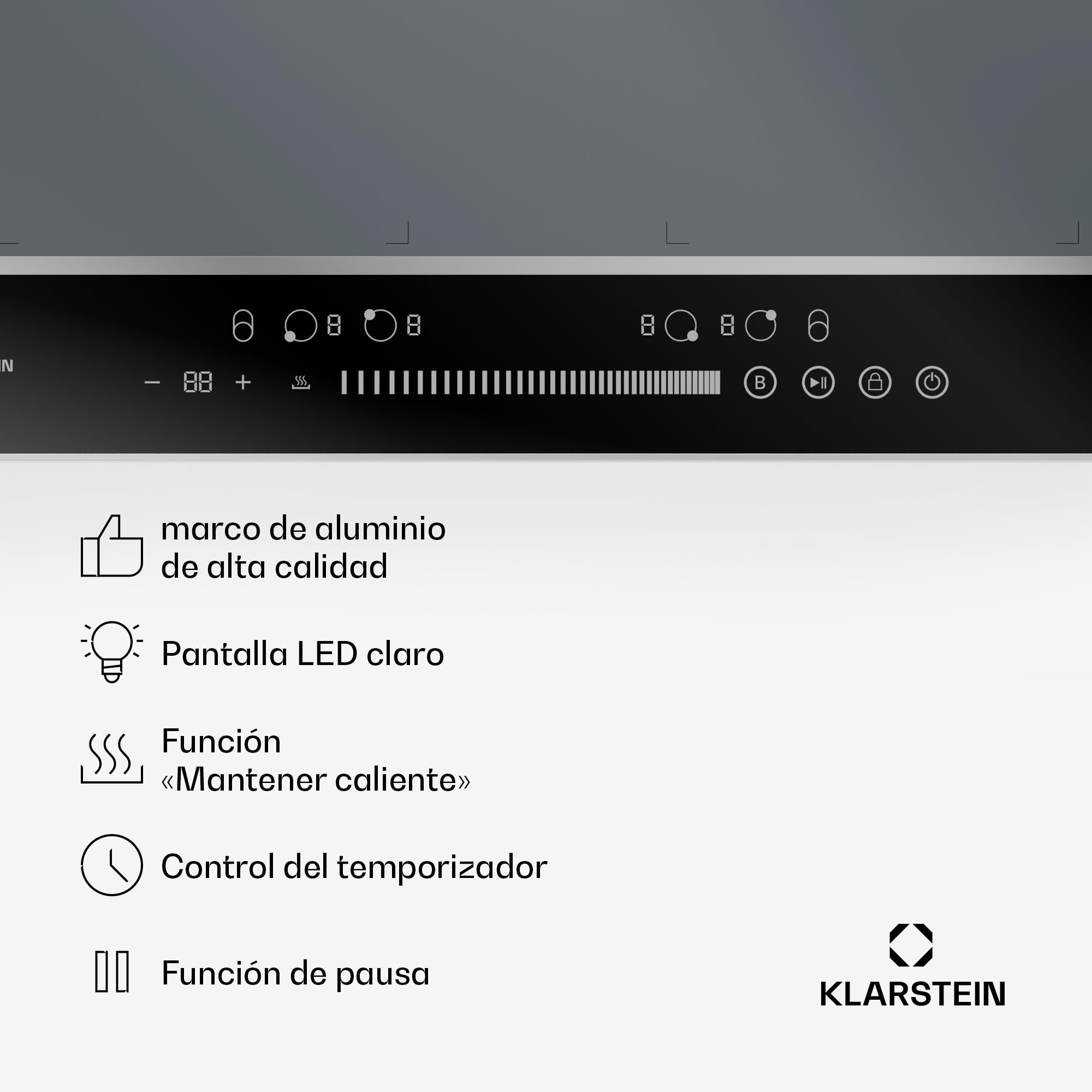 Klarstein DualTone Flex Placa Inducción - 4 Zonas Flexibles, 7200W, Control Deslizante, Thermoboost, Temporizador, Marco de Aluminio, Pantalla Led Blanca, Plateada