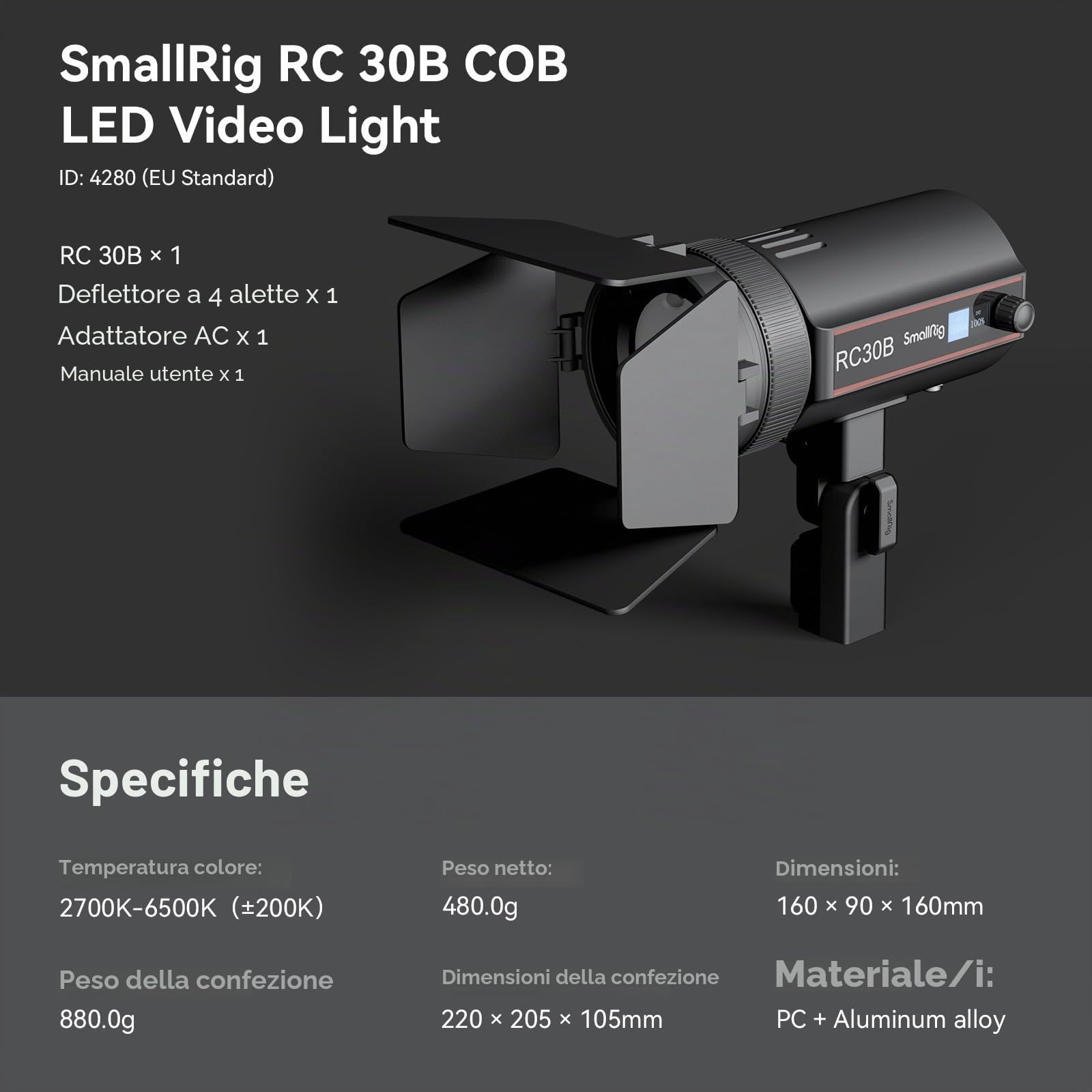 SMALLRIG RC 30B Luce video COB, Angolo del Fascio Regolabile 15°-60°, Luce Video Bicolore da 30 W CCT 2700K-6500K, 10900 lux@1m, CRI 96+, TLCI 96+, Luce a Uscita Continua per Streaming Live - 4280
