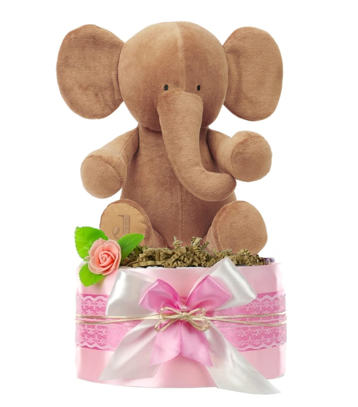 Windeltorte Mädchen LITTLE PEANUT + großes Kuscheltier Elefant mit Name | Geschenk für Mädchen zur Geburt Babyparty Babyshower (rosa) (unbedruckt)