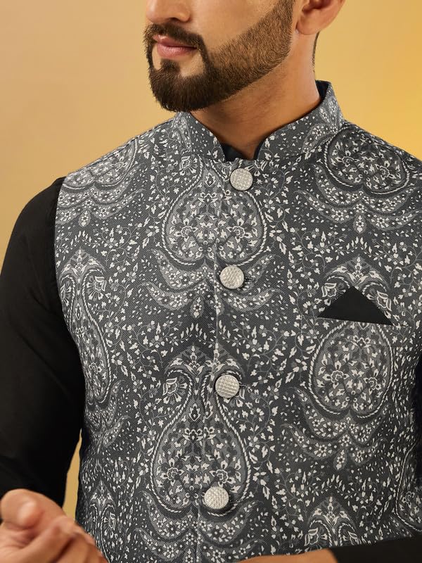 Image of KISAH Men Printed Kurta Jacket Set, Full Sleaves, Knee Length, Straight, Regular Fit, Mandarin Collar Ethnic Wear