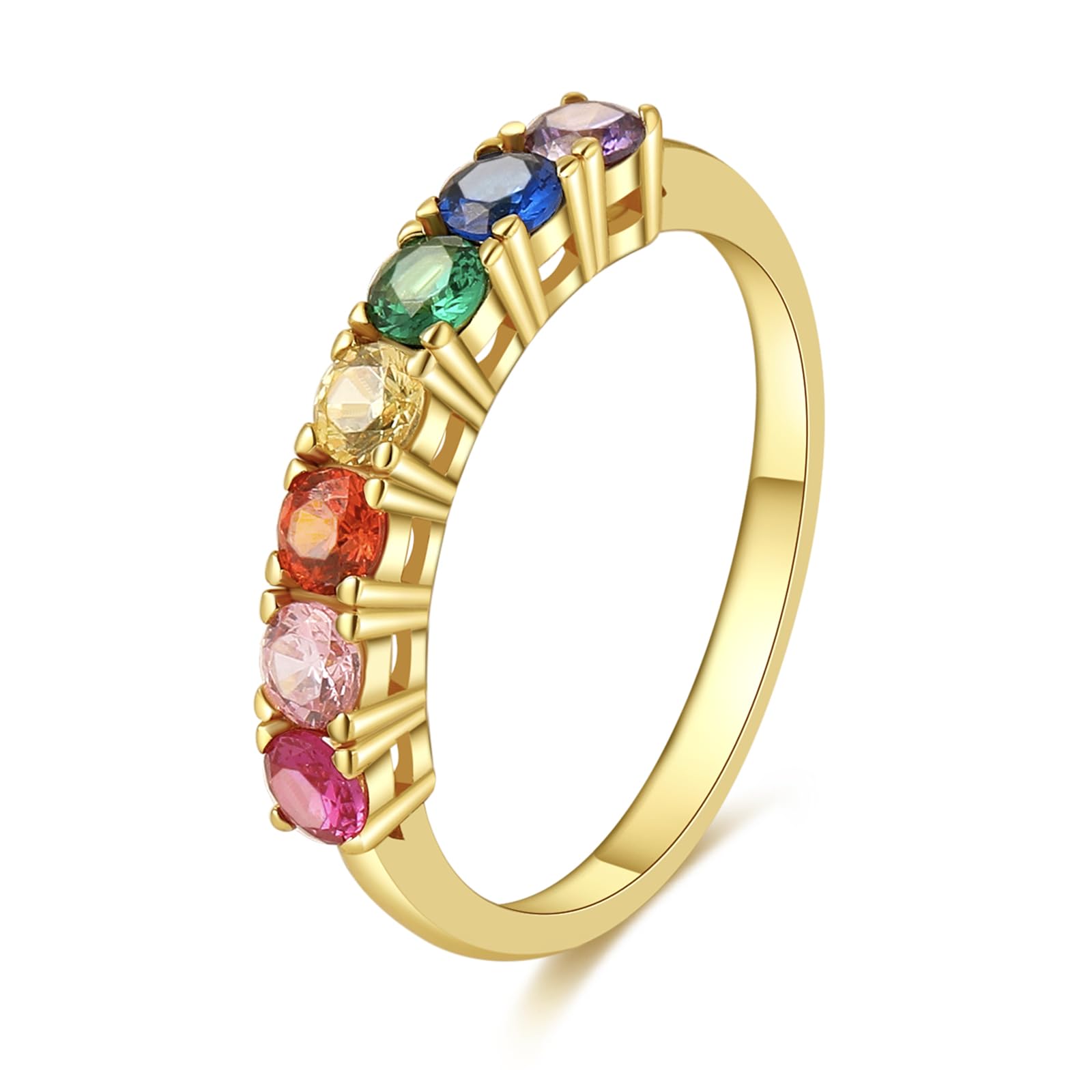 E Gold Rings for Women, 14K Gold Plated Rainbow Band Rings Eternity Thumb Rings Wedding Round Cubic Zirconia CZ Rings Dainty Colorful Rings Jewelry