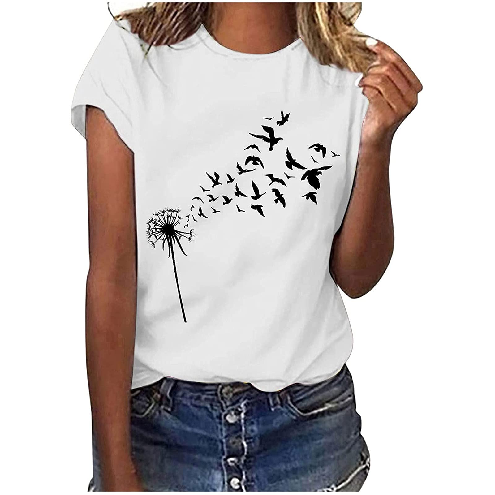 EMATOP Sommer Tshirt Damen Baumwolle Tops Lässig Lose Kurzarm Tee Shirts Basic Rundhals Oberteile Löwenzahn Schmetterling Muster Tunika Bluse Shirt Elegant Longshirt Teenager Mädchen Sportshirt