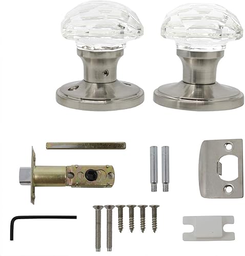 Miniatura 6 de Perillas de puerta de paso de níquel satinado, perilla de puerta de vidrio transparente interior, pomo de puerta de cristal sin llave con cerradura