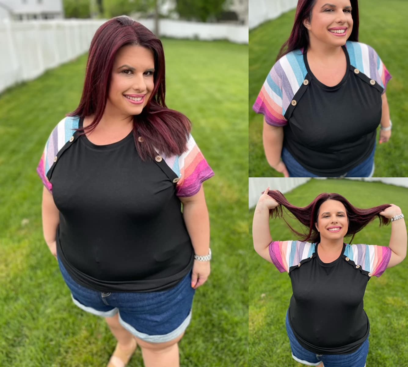 RITERA Hauts de grande taille pour femmes à manches courtes et col en V solides amples côtelés t-shirts décontractés tunique d'été tie dye chemisier XL-5XL