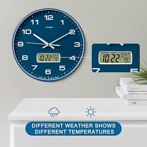 Miniatura 6 de Reloj de pared, esfera de 12 pulgadas, silencioso, funciona con pilas, analógico con pantalla LCD para calendario perpetuo y temperatura F, ideal