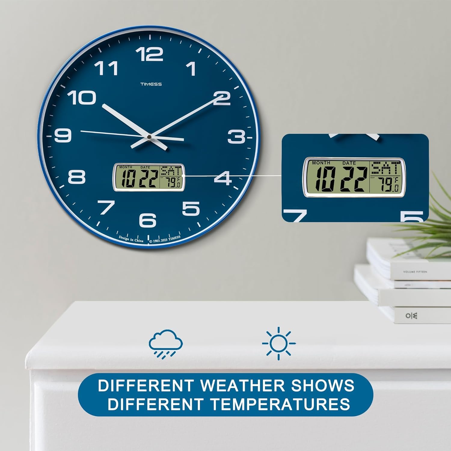 Wall Clock, 12" Dial Non-Ticking Silent Battery Operated Analog with LCD Display for Perpetual Calendar and F° Temperature, Ideal Modern Home, Bedroom, Kitchen, Office Decor (Blue)