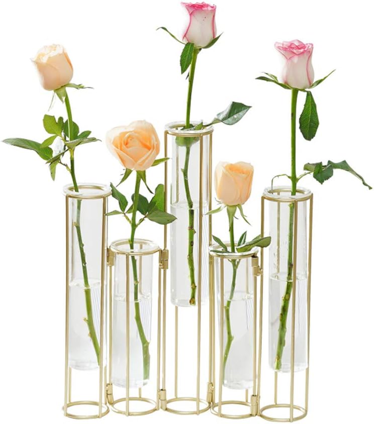 Radefasun Hinged Flower Vases with 5 Test Tubes Glass Flower Vase with Metal Stand Can be Bent